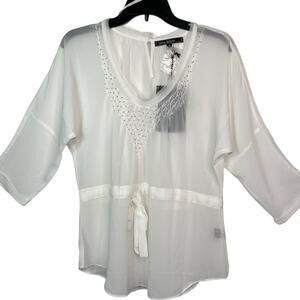 Love Stitch White Sheer Sequin Trim Tunic V Neckline Front Tie NWT S